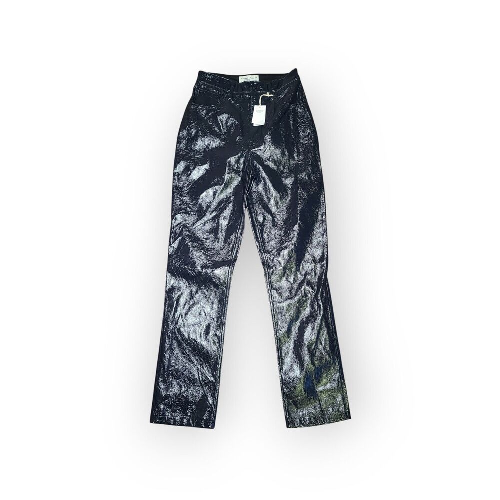 NWT Abercrombie & Fitch Navy Vegan Leather '90s Straight High Rise Pant 26/ 2